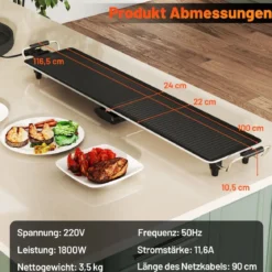 Teppanyaki Grill 1800W Elektrische Grillplatte Antihaft Tischgrill mit Einstellbarer Temperatur Thermostat und Fettauffangschale 100cm