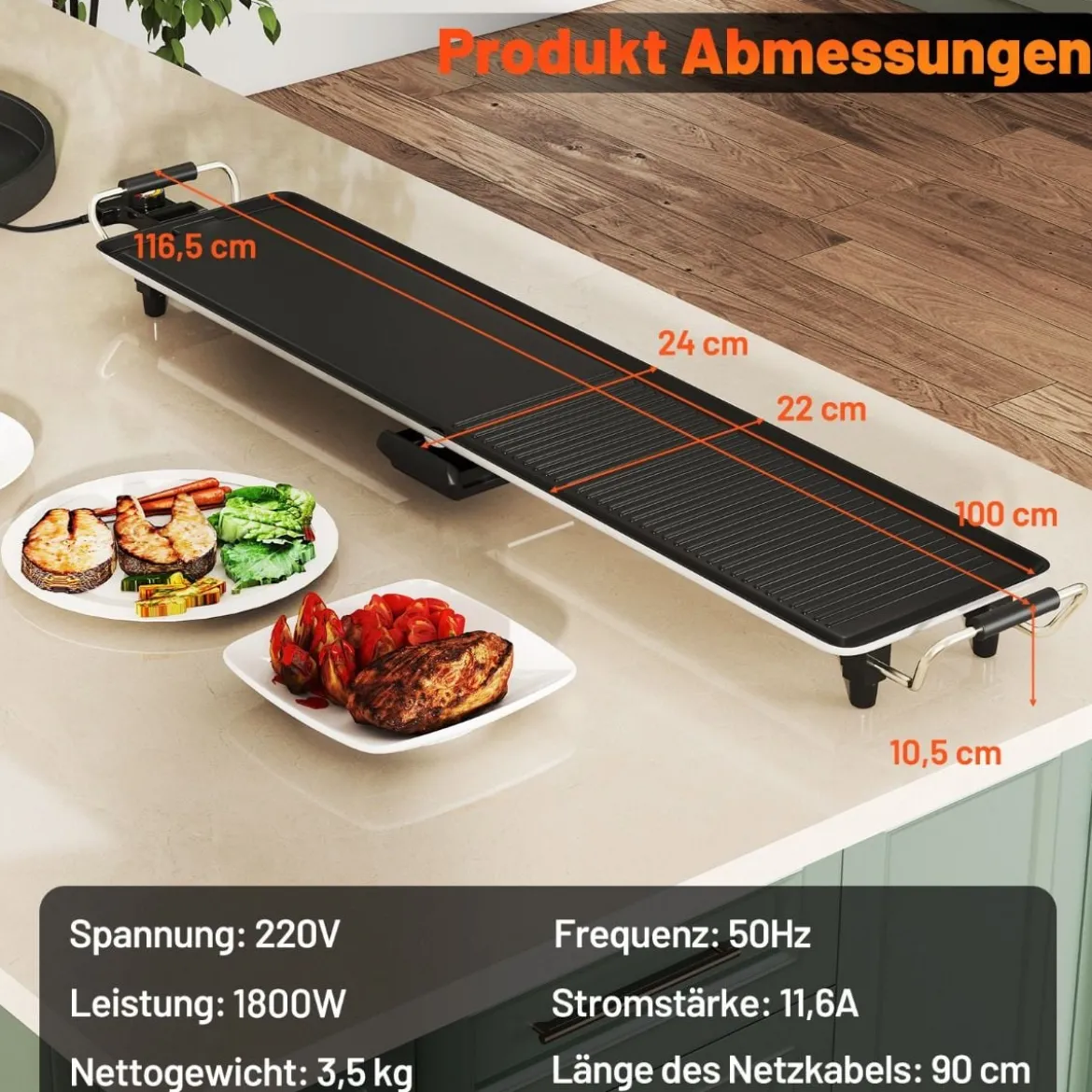 Teppanyaki Grill 1800W Elektrische Grillplatte Antihaft Tischgrill mit Einstellbarer Temperatur Thermostat und Fettauffangschale 100cm