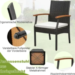 Terrassen-Korbstühle im 2er-Set aus PE-Rattan mit weichem Kissen + Reißverschluss