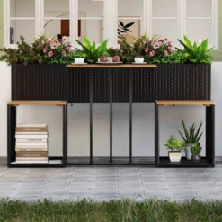 Terrassenmöbel-Set mit erhöhtem Gartenbeet PE-Rattan Gartenpflanztisch mit integrierten Stühlen Schwarz