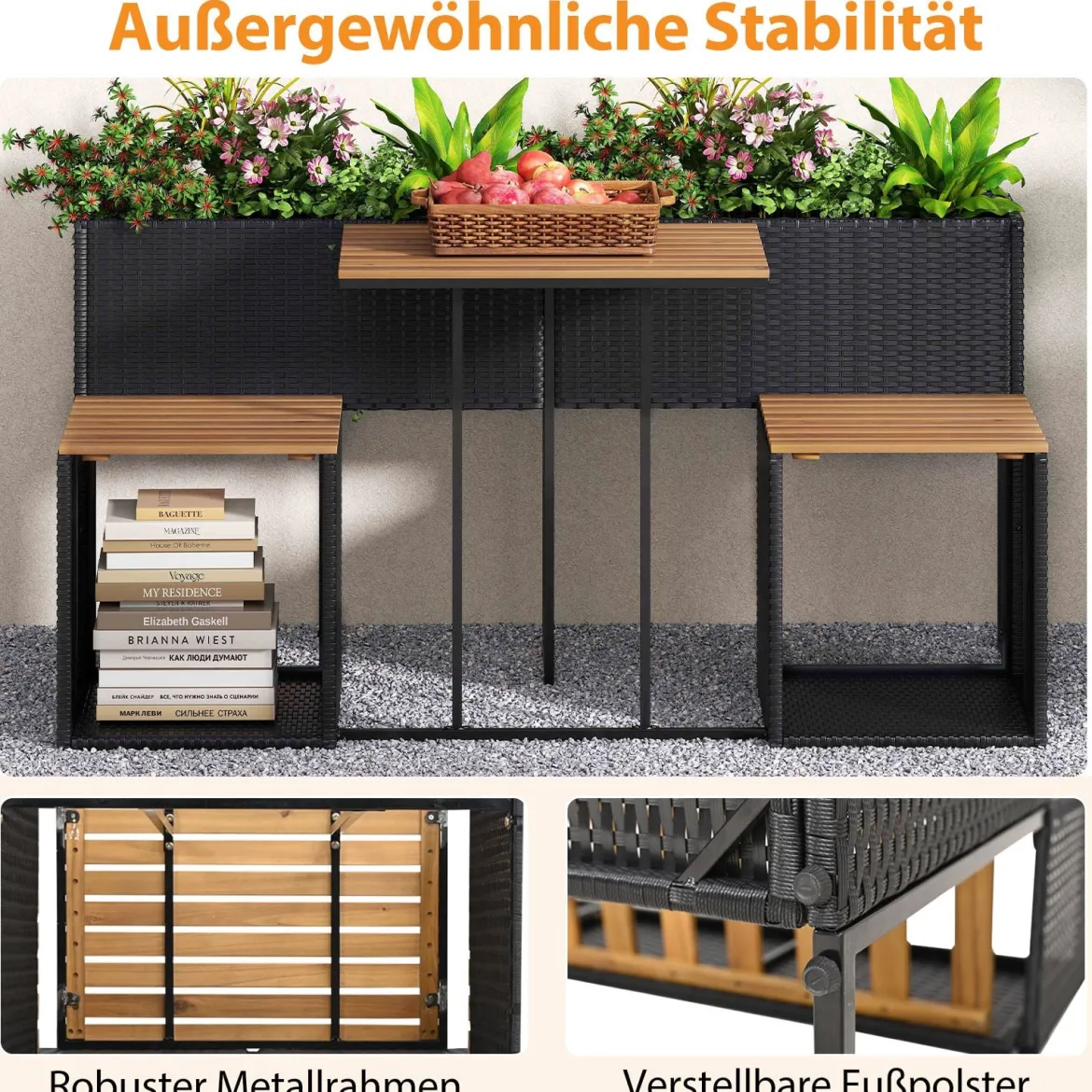 Terrassenmöbel-Set mit erhöhtem Gartenbeet PE-Rattan Gartenpflanztisch mit integrierten Stühlen Schwarz