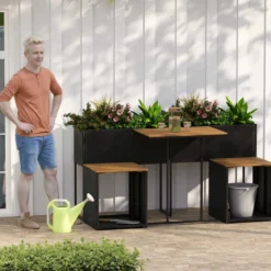 Terrassenmöbel-Set mit erhöhtem Gartenbeet PE-Rattan Gartenpflanztisch mit integrierten Stühlen Schwarz