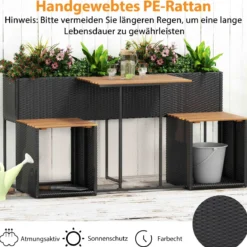 Terrassenmöbel-Set mit erhöhtem Gartenbeet PE-Rattan Gartenpflanztisch mit integrierten Stühlen Schwarz