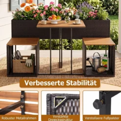 Terrassenmöbel-Set mit Erhöhtem Gartenbeet PE-Rattan Gartenpflanztisch mit Integrierten Stühlen Braun