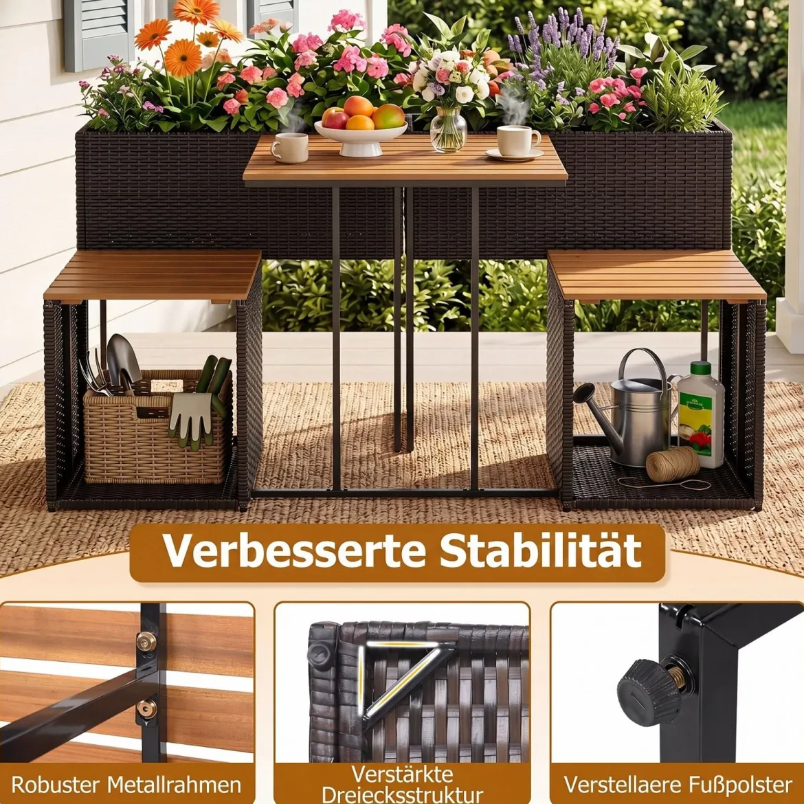 Terrassenmöbel-Set mit Erhöhtem Gartenbeet PE-Rattan Gartenpflanztisch mit Integrierten Stühlen Braun