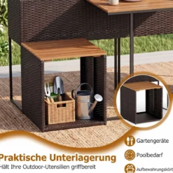 Terrassenmöbel-Set mit Erhöhtem Gartenbeet PE-Rattan Gartenpflanztisch mit Integrierten Stühlen Braun