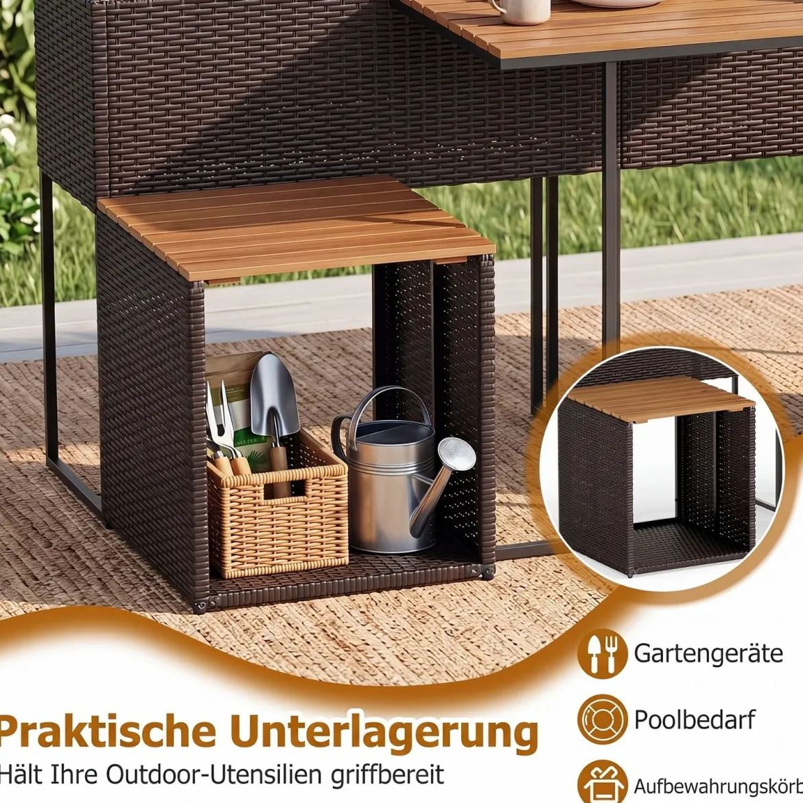 Terrassenmöbel-Set mit Erhöhtem Gartenbeet PE-Rattan Gartenpflanztisch mit Integrierten Stühlen Braun