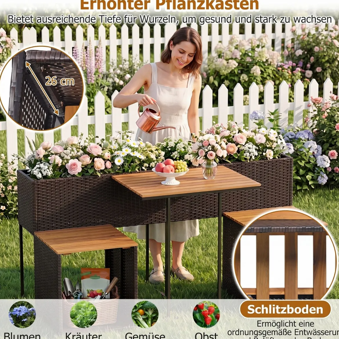 Terrassenmöbel-Set mit Erhöhtem Gartenbeet PE-Rattan Gartenpflanztisch mit Integrierten Stühlen Braun