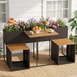 Terrassenmöbel-Set mit Erhöhtem Gartenbeet PE-Rattan Gartenpflanztisch mit Integrierten Stühlen Braun
