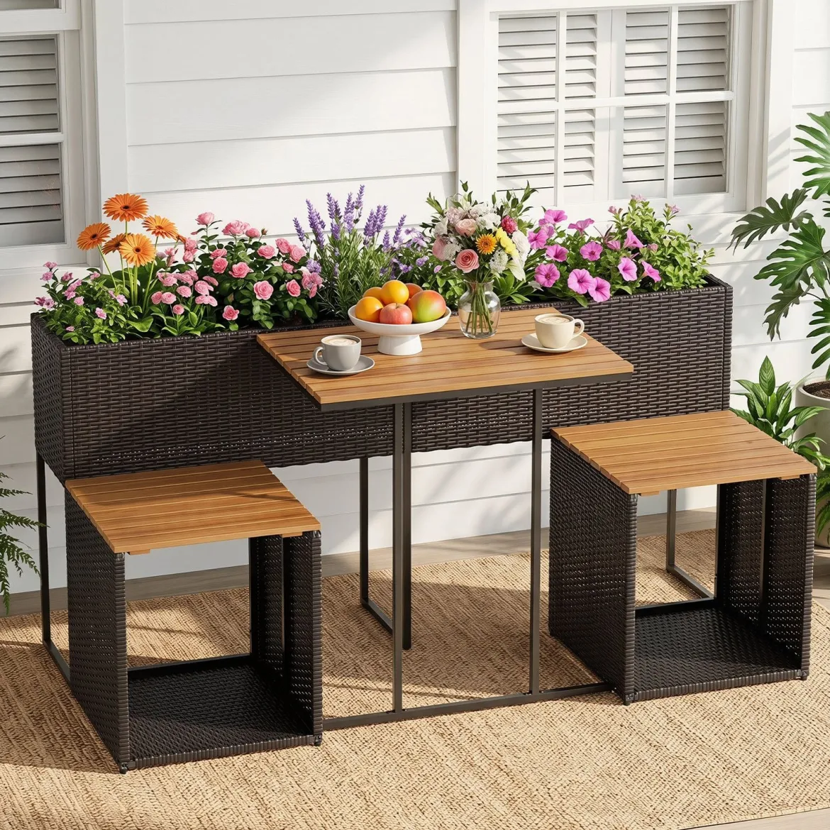 Terrassenmöbel-Set mit Erhöhtem Gartenbeet PE-Rattan Gartenpflanztisch mit Integrierten Stühlen Braun