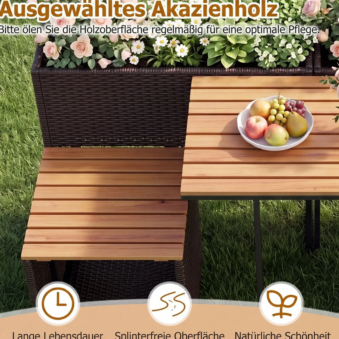 Terrassenmöbel-Set mit Erhöhtem Gartenbeet PE-Rattan Gartenpflanztisch mit Integrierten Stühlen Braun