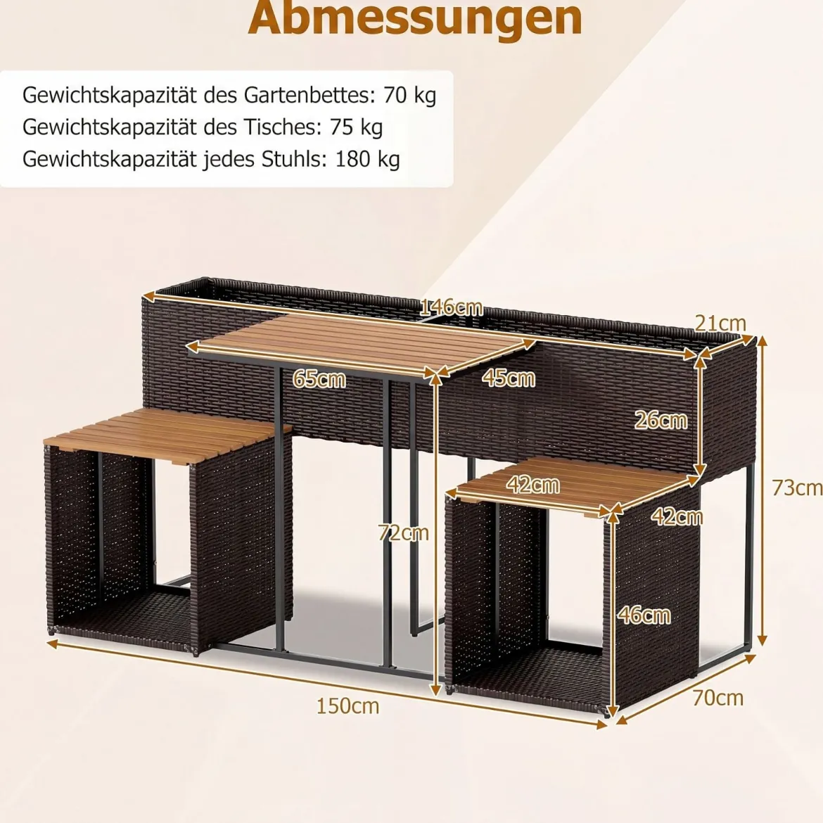 Terrassenmöbel-Set mit Erhöhtem Gartenbeet PE-Rattan Gartenpflanztisch mit Integrierten Stühlen Braun