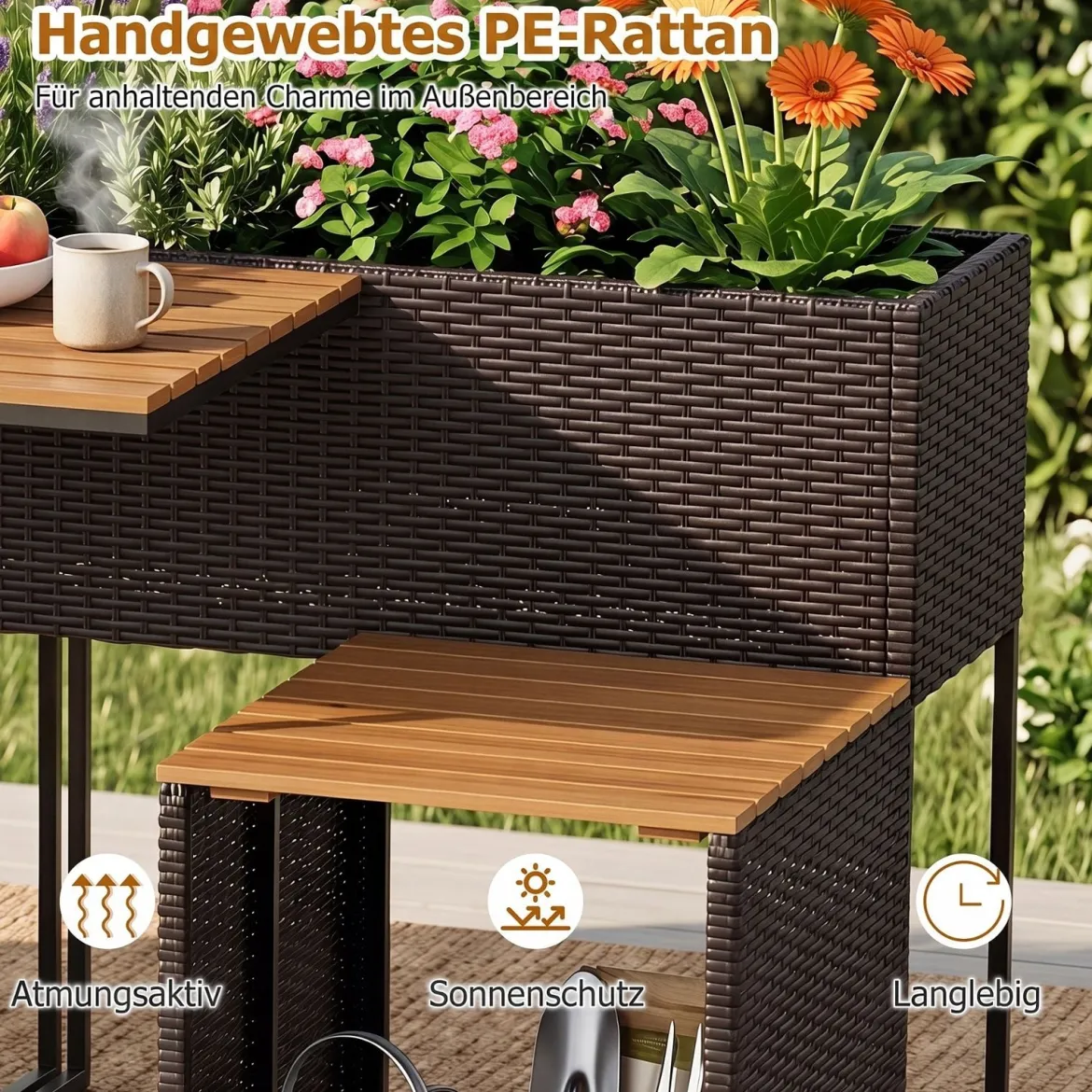 Terrassenmöbel-Set mit Erhöhtem Gartenbeet PE-Rattan Gartenpflanztisch mit Integrierten Stühlen Braun