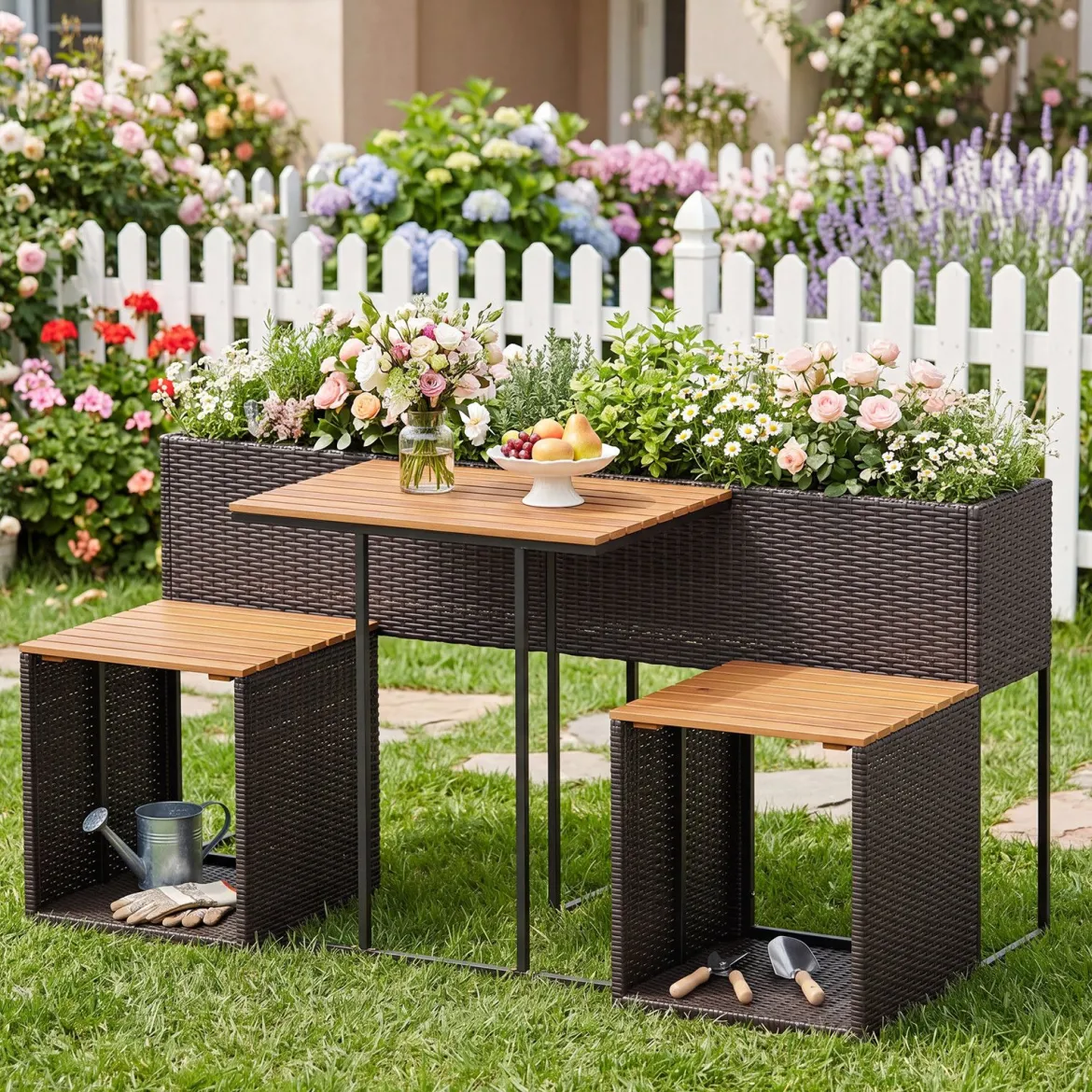 Terrassenmöbel-Set mit Erhöhtem Gartenbeet PE-Rattan Gartenpflanztisch mit Integrierten Stühlen Braun