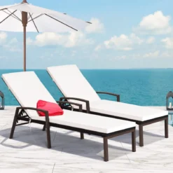 Terrassen-Rattanliege Outdoor-Liege mit Kissen und Armlehne mit verstellbarer Rückenlehne Weiß + Braun