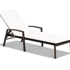 Terrassen-Rattanliege Outdoor-Liege mit Kissen und Armlehne mit verstellbarer Rückenlehne Weiß + Braun