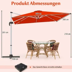 Terrassenschirm mit Kreuzfuß & 360° Drehung für Garten und Poolbereiche 300 x 300 x 261 cm Burgund