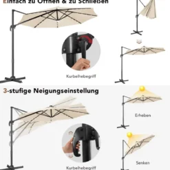Ø300 Terrassenschirm mit 28 LED-Lichtern & 3 Neigungseinstellungen für Cafés Pools Gärten Beige