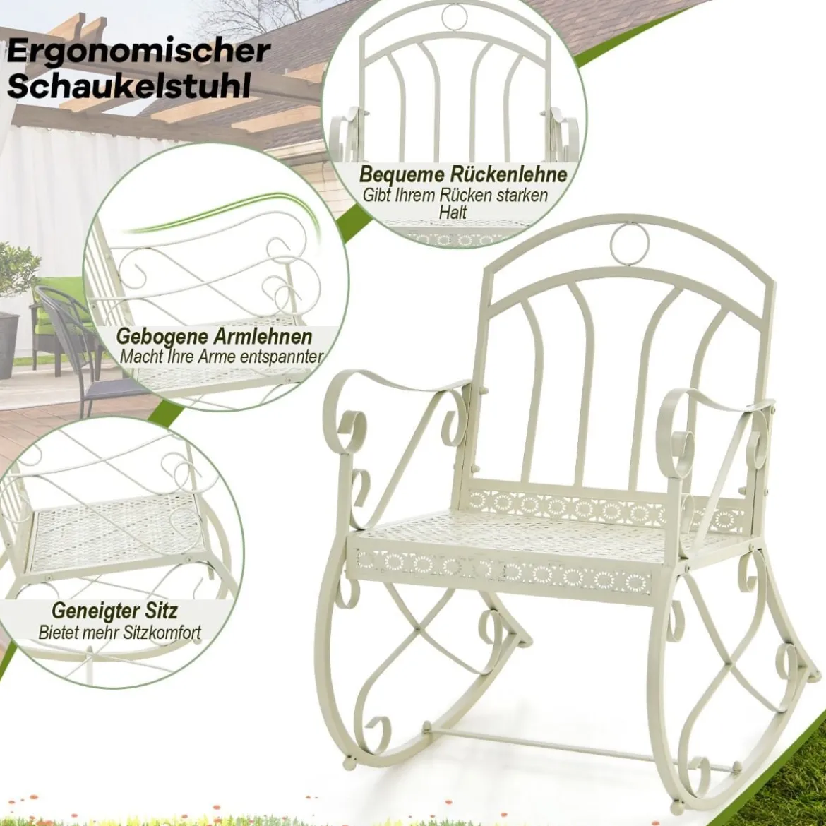 Terrassenstuhl mit Schaukelfunktion Schaukelstuhl aus Metall Weiß