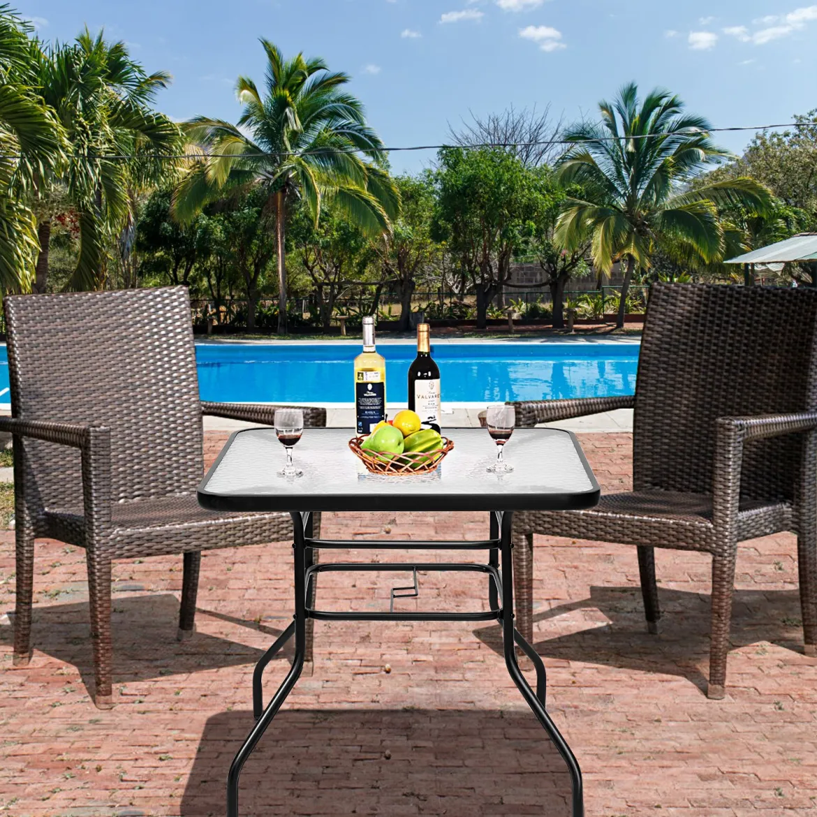 Terrassentisch Rechteckiger Kaffeetisch mit Tischplatte Bistrotisch Gartentisch Glastisch Schwarz