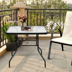 Terrassentisch Rechteckiger Kaffeetisch mit Tischplatte Bistrotisch Gartentisch Glastisch Schwarz