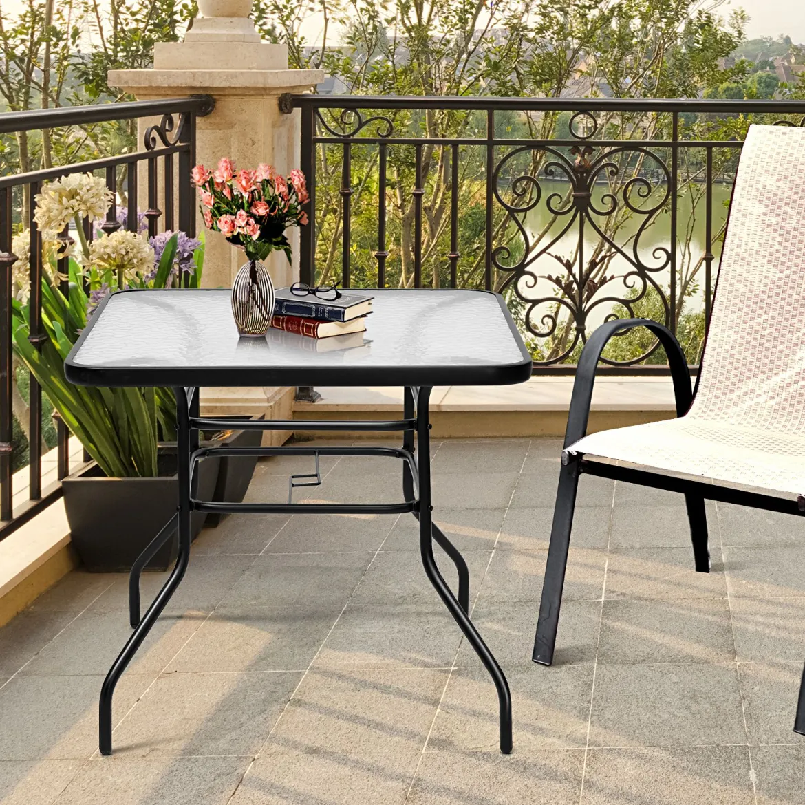 Terrassentisch Rechteckiger Kaffeetisch mit Tischplatte Bistrotisch Gartentisch Glastisch Schwarz