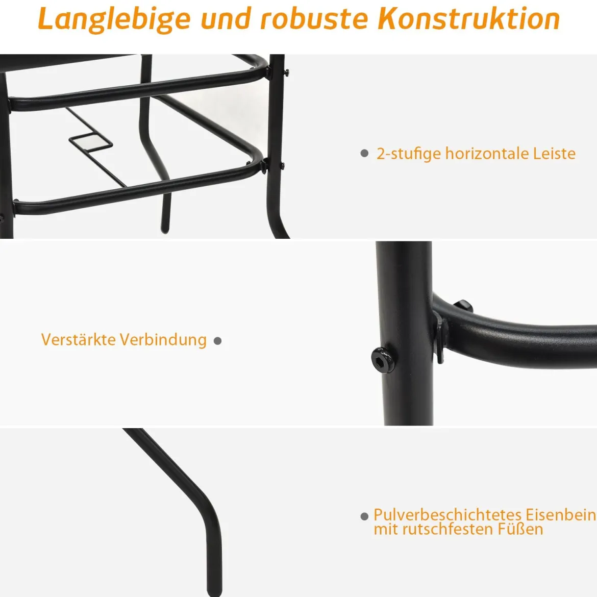 Terrassentisch Rechteckiger Kaffeetisch mit Tischplatte Bistrotisch Gartentisch Glastisch Schwarz
