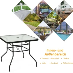 Terrassentisch Rechteckiger Kaffeetisch mit Tischplatte Bistrotisch Gartentisch Glastisch Schwarz