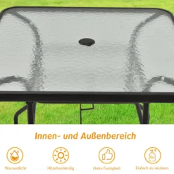 Terrassentisch Rechteckiger Kaffeetisch mit Tischplatte Bistrotisch Gartentisch Glastisch Schwarz