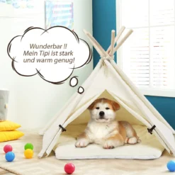 Tipi für Haustiere Zelt mit dickem und rutschfestem Kissen tragbares Haustierhaus Hundezelt Katzenzelt Beige