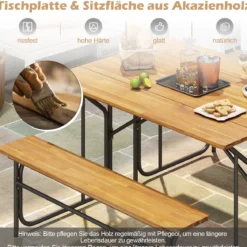 Tisch-Bank-Set für 2 Personen Picknicktisch & Loveseat mit Akazienholzplatte & Metallbeinen Natur