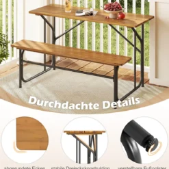 Tisch-Bank-Set für 2 Personen Picknicktisch & Loveseat mit Akazienholzplatte & Metallbeinen Natur