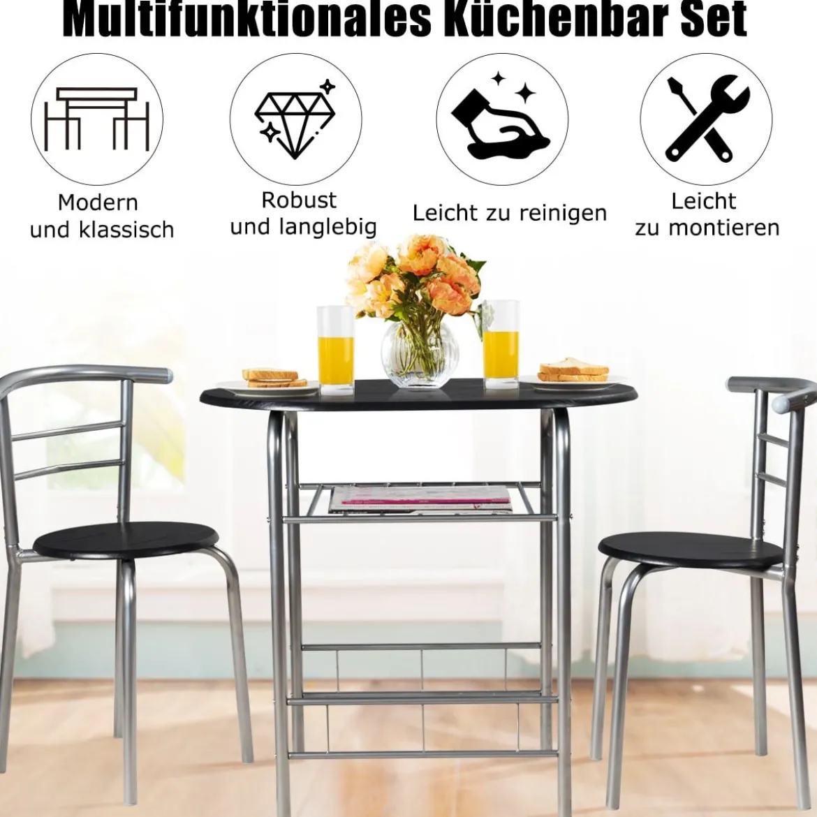 Tischgruppe 3 tlg Minimalismus Design Küche Essgruppe Esszimmergarnitur Silber