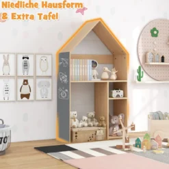 Tisch- und Stuhlset in Hausform 2-in-1-Spielzeugschrank für Kinder mit viel Stauraum 73 x 30 x 130 cm Natur + Grau