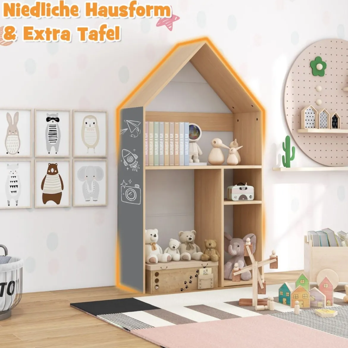Tisch- und Stuhlset in Hausform 2-in-1-Spielzeugschrank für Kinder mit viel Stauraum 73 x 30 x 130 cm Natur + Grau