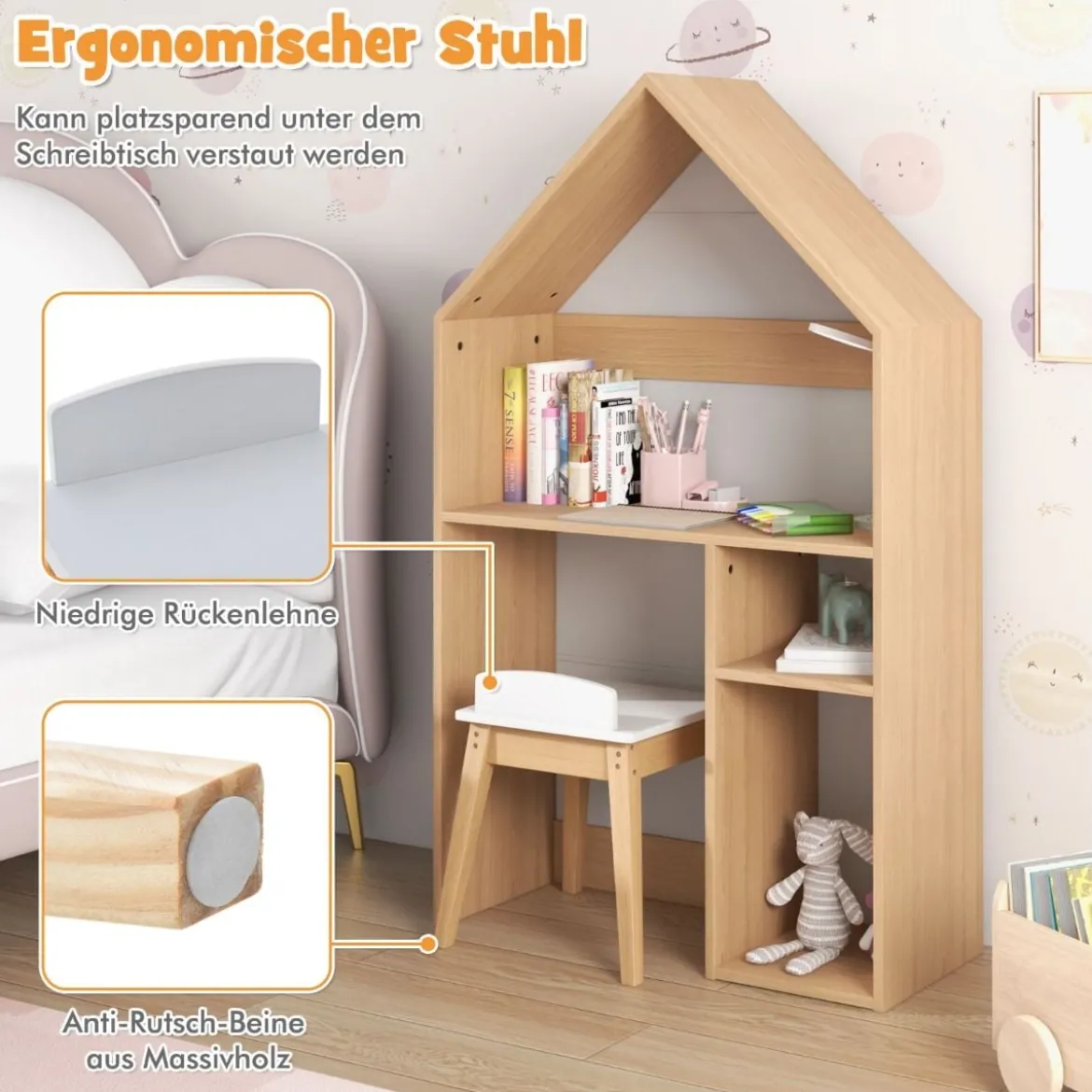 Tisch- und Stuhlset in Hausform 2-in-1-Spielzeugschrank für Kinder mit viel Stauraum 73 x 30 x 130 cm Natur + Grau