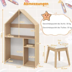 Tisch- und Stuhlset in Hausform 2-in-1-Spielzeugschrank für Kinder mit viel Stauraum 73 x 30 x 130 cm Natur + Grau
