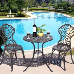 3 tlg Antik Aluminiumguss Bistroset Balkonset Sitzgruppe Gartentisch mit 2 Stühle Schwarz