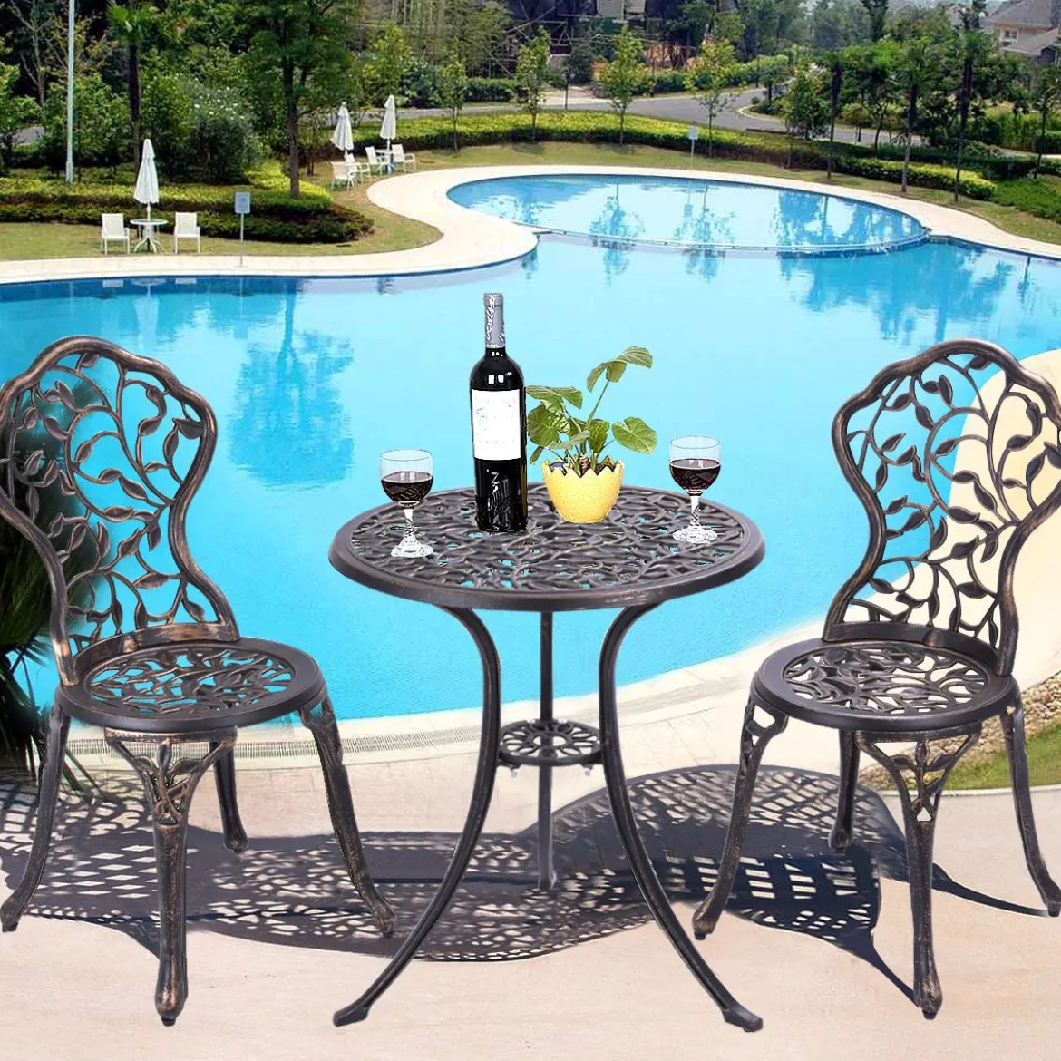 3 tlg Antik Aluminiumguss Bistroset Balkonset Sitzgruppe Gartentisch mit 2 Stühle Schwarz