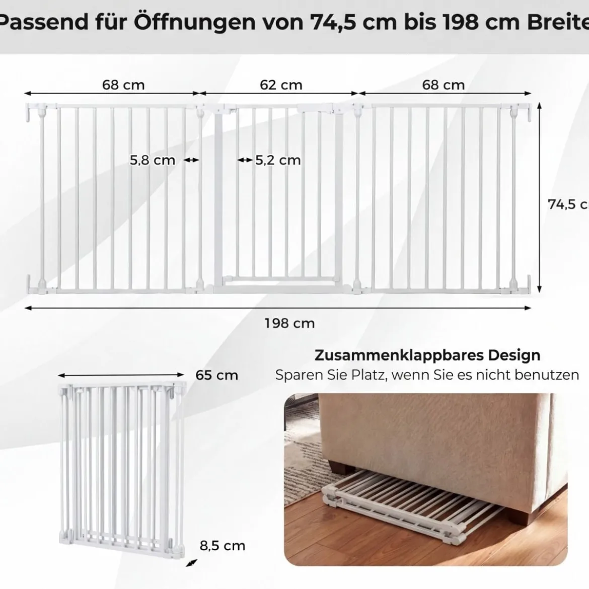 3 TLG. Babygitter mit Doppelverriegelung & Beidseitigem Schwenkmechanismus Sicherheitstür Weiß