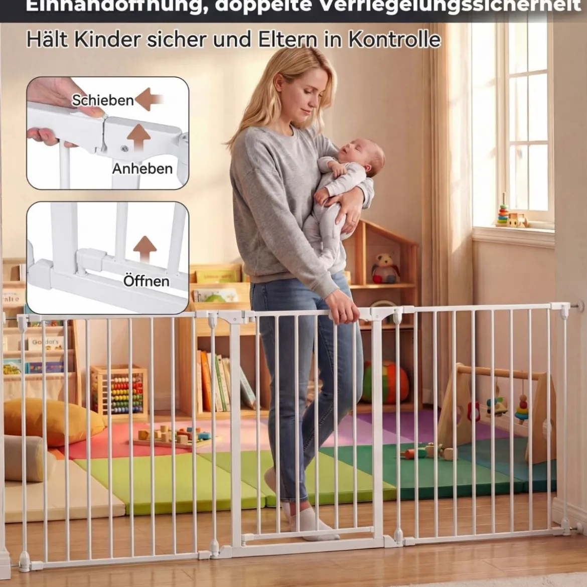 3 TLG. Babygitter mit Doppelverriegelung & Beidseitigem Schwenkmechanismus Sicherheitstür Weiß
