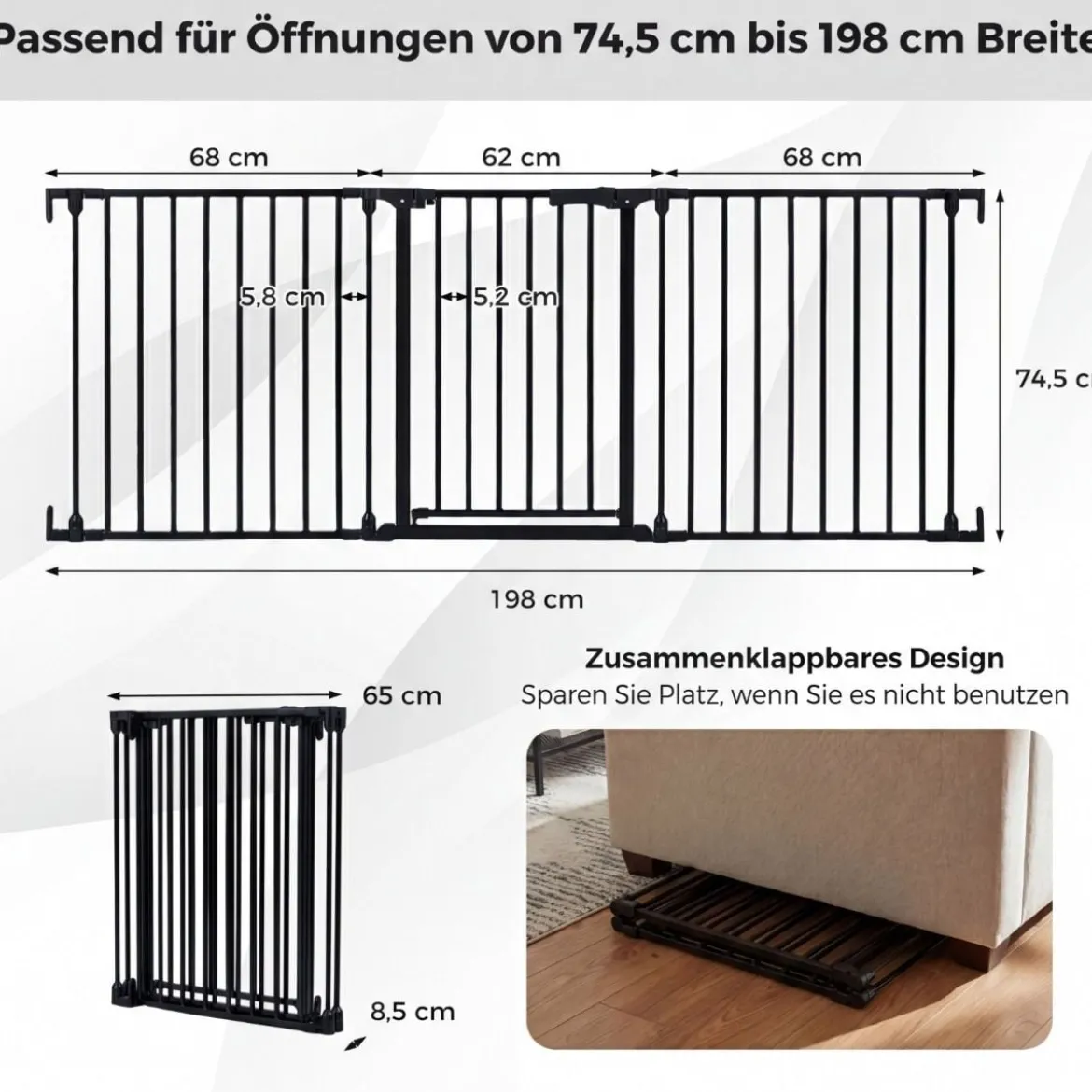 3 TLG. Babygitter mit Doppelverriegelung & Beidseitigem Schwenkmechanismus Sicherheitstür Schwarz