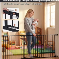 3 TLG. Babygitter mit Doppelverriegelung & Beidseitigem Schwenkmechanismus Sicherheitstür Schwarz