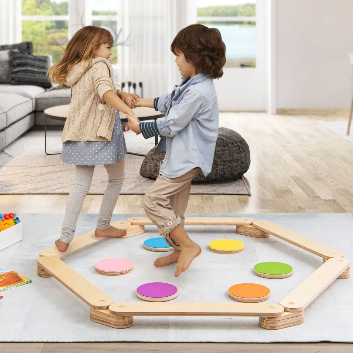 12 tlg. Balancierbalken mit 6 Balanciersteine frei kombinierbar aus Holz für Kinder