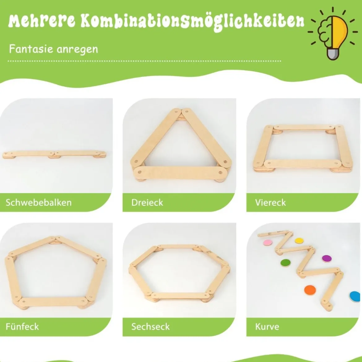 12 tlg. Balancierbalken mit 6 Balanciersteine frei kombinierbar aus Holz für Kinder
