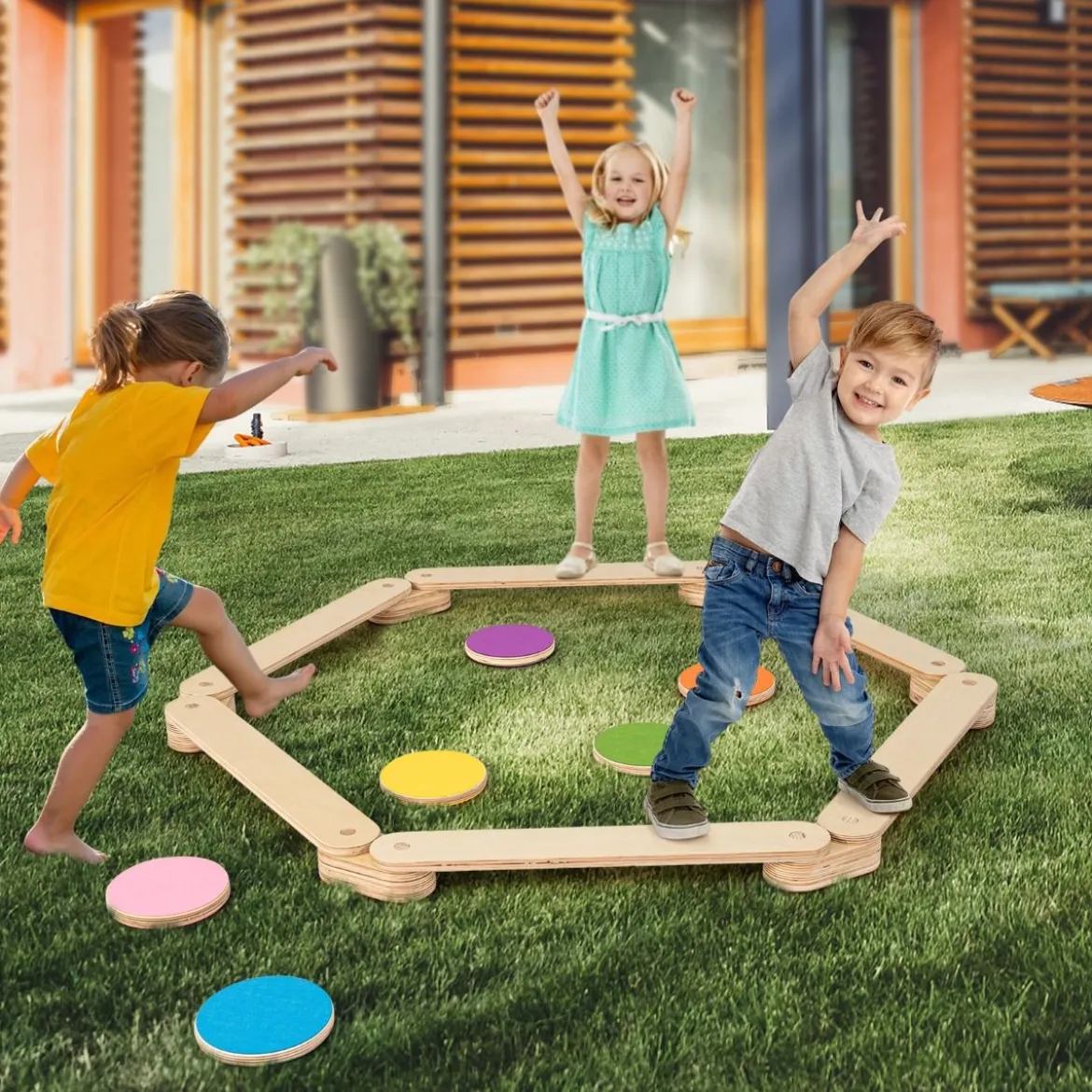 12 tlg. Balancierbalken mit 6 Balanciersteine frei kombinierbar aus Holz für Kinder
