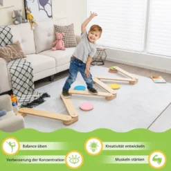 12 tlg. Balancierbalken mit 6 Balanciersteine frei kombinierbar aus Holz für Kinder