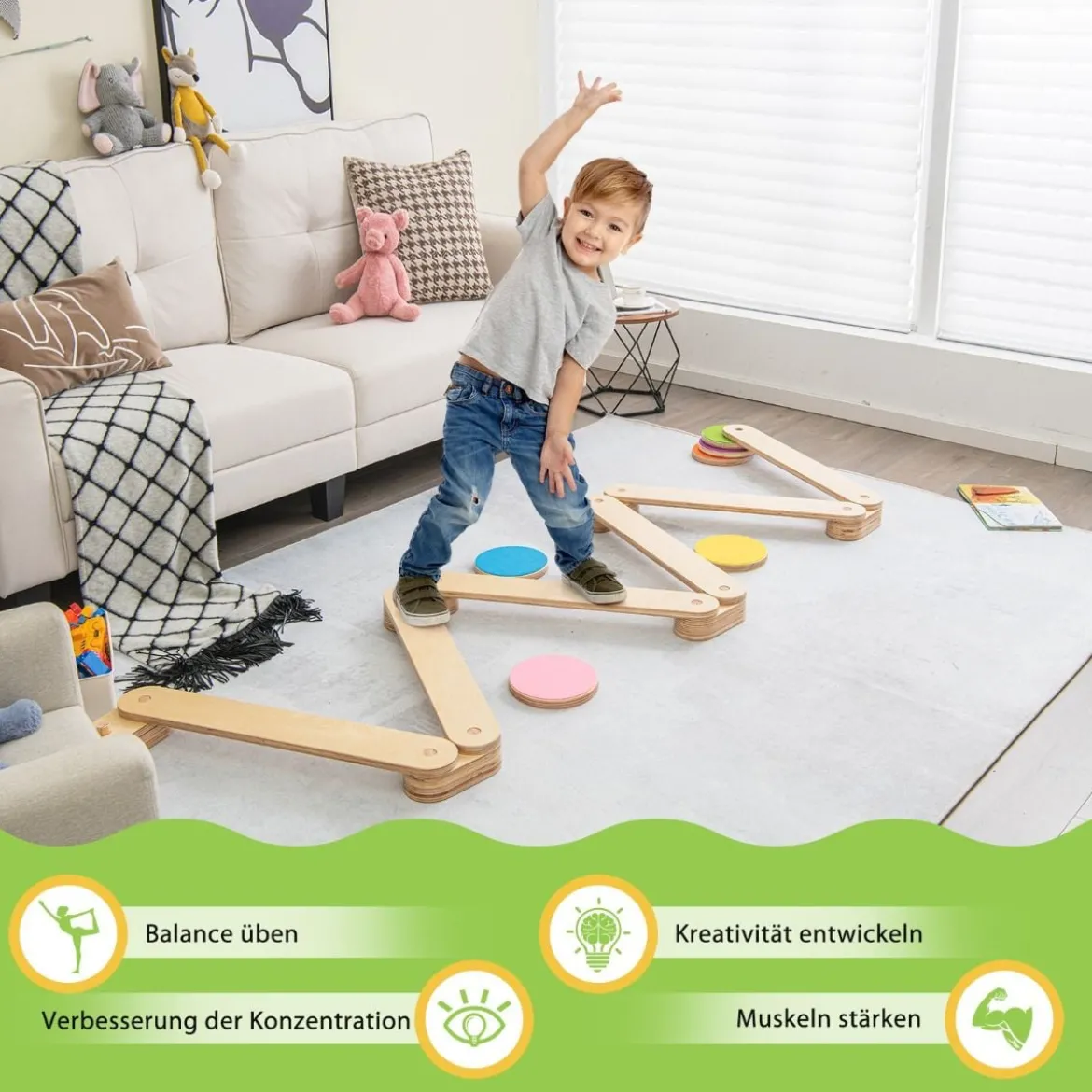 12 tlg. Balancierbalken mit 6 Balanciersteine frei kombinierbar aus Holz für Kinder
