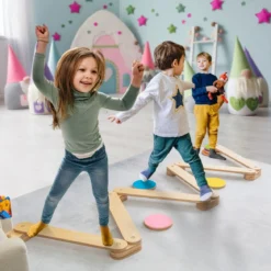 12 tlg. Balancierbalken mit 6 Balanciersteine frei kombinierbar aus Holz für Kinder