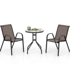 3tlg. Balkonmöbel Set Bistrotisch mit 2 Stapelbare Stühlen Bistroset Balkonset Gartenset Braun